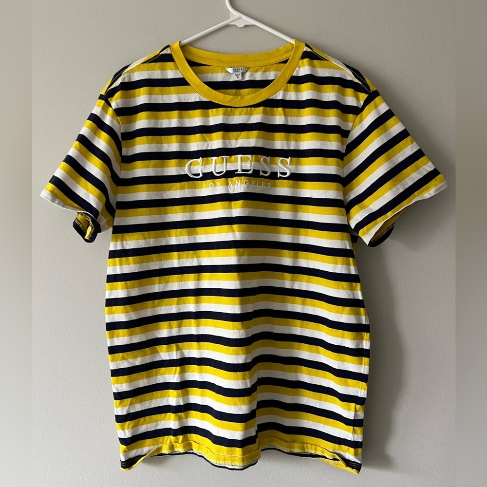 Guess Los Angeles Yellow Black White Striped Logo Tee Short Sleeve Shirt Size M